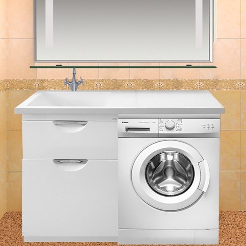 Тумба с раковиной Misty Куба 60 белая, под стиральную машину, с бельевой корзиной - 0