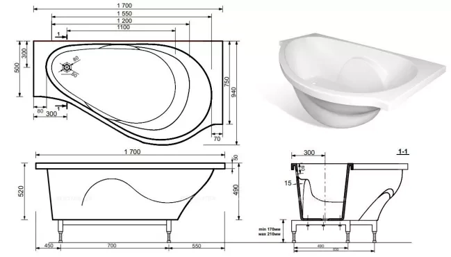 Ванна из искусственного камня Эстет Грация 170x95 R ФР-00000633 - 1