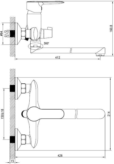 Смеситель для ванны с длинным изливом с керамическим дивертором, Cuba, IDDIS, CUBSBL2i10WA - 1