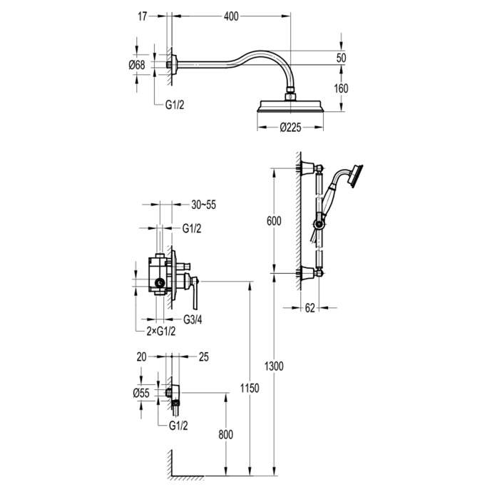 Swedbe Terracotta Art Семейный душ со смесителем встраиваемый 2515 - 1