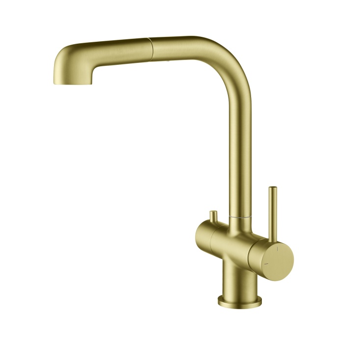 Смеситель для кухни с подключением фильтра и выдвижной лейкой Timo Saona 2346/17FL золото матовое - 0