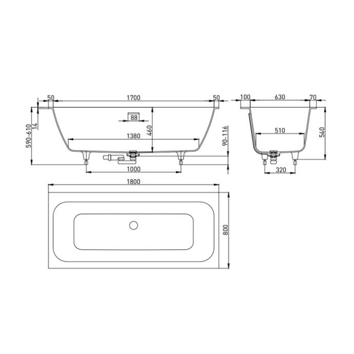 Salini ORLANDA AXIS KIT Встраиваемая ванна на ножках 1800х800х600мм, 