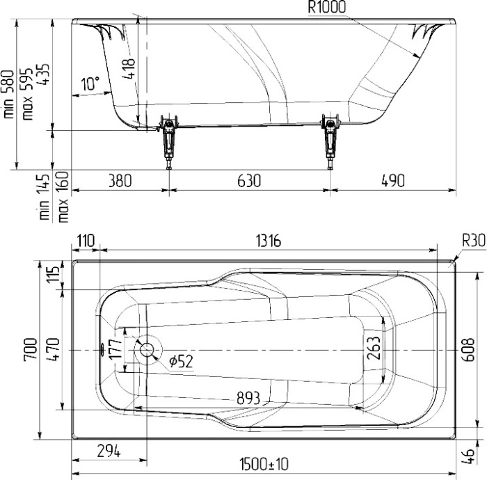Чугунная ванна Универсал Нега 150x70 см, пристенная, белая 4607152360042  - 1