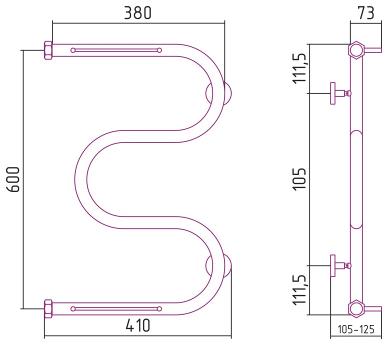 Полотенцесушитель водяной ВПС М-обр. 2П 600х400 Н. Г. 1