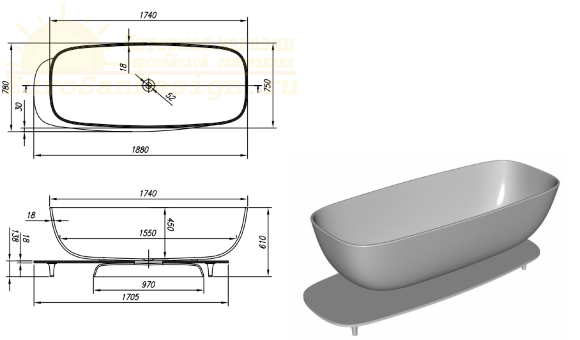 Ванна из литьевого мрамора Kolpa San Milo 174х75 черно-белая 592440 - 3