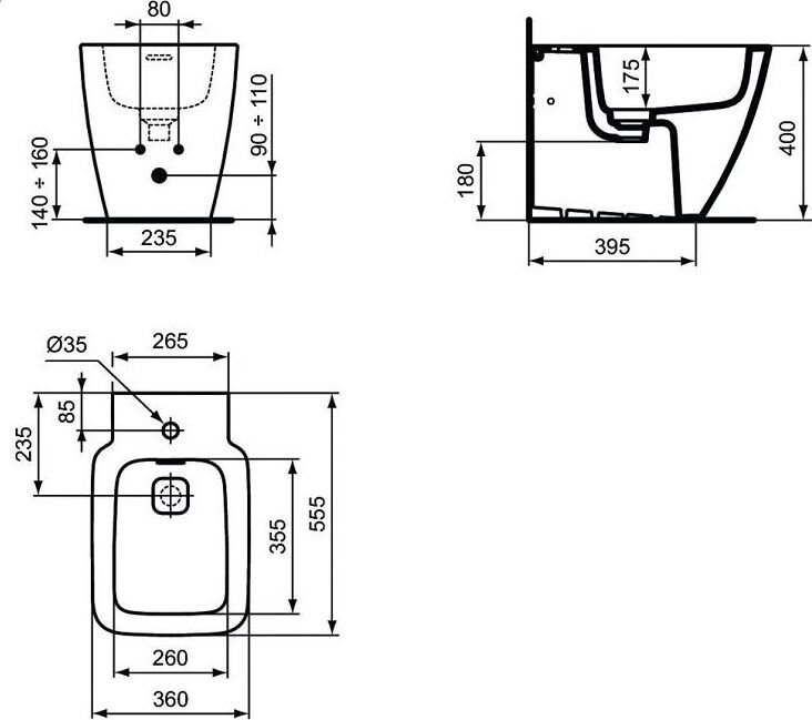 T296901 STRADA II Напольное пристенное биде, с отверстием перелива, с керамической накладкой слива (T854601), с крепежом для полностью скрытого монтаж - 1