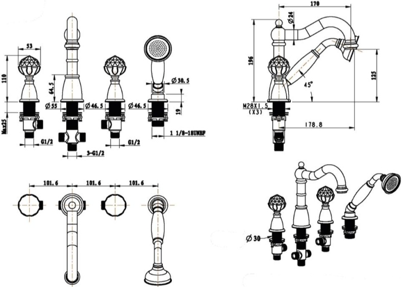 Смеситель Boheme Imperiale 392 на борт ванны - 1