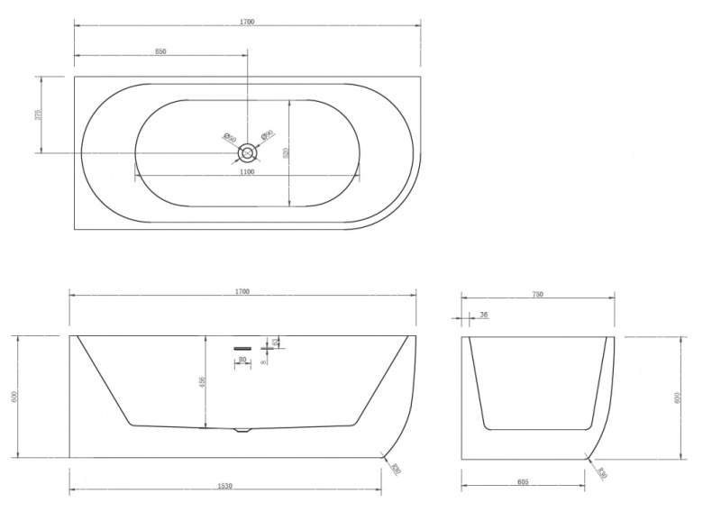 Акриловая ванна Abber 170x75, левая  AB9315 L - 4