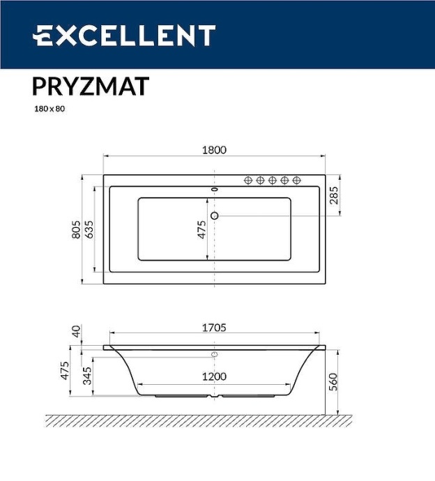 Акриловая ванна Excellent Pryzmat Slim 180x80 белая с гидромассажем WAEX.PRY18S.NANO.CR - 1