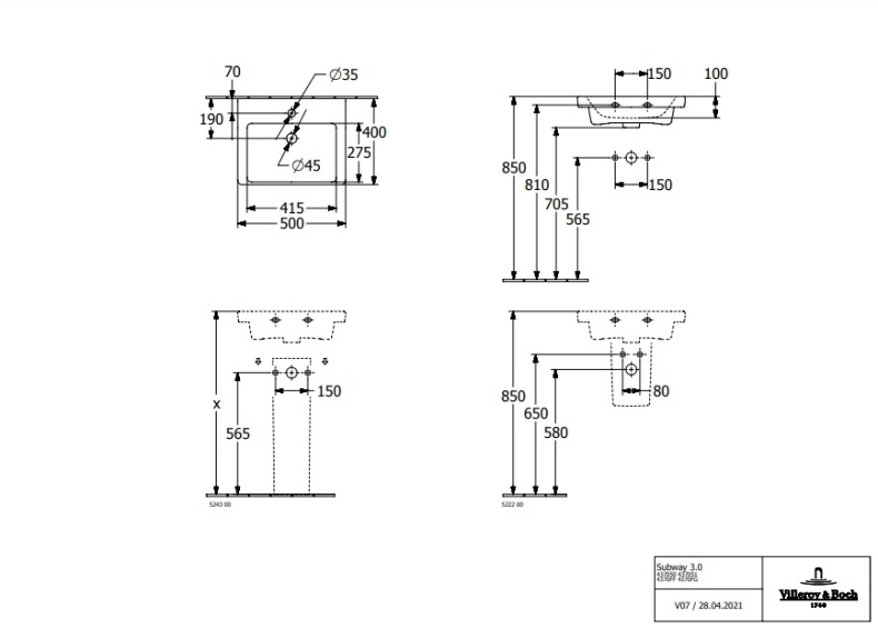 Накладная раковина Villeroy&Boch Subway 3.0 50 белая 43705001 - 1