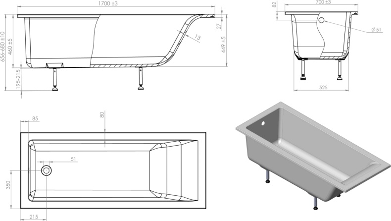 Ванна из искусственного камня Астра-Форм Нейт 170х70 01010041 - 4