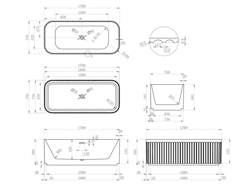 Ванна акриловая Abber 170х75 белый матовый AB9411-1.7 - 4