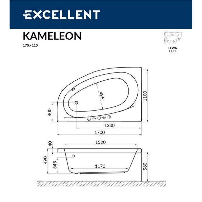 Акриловая ванна Excellent Kameleon 170x110 белая золото левая с гидромассажем WAEX.KML17.RELAX.GL - 2