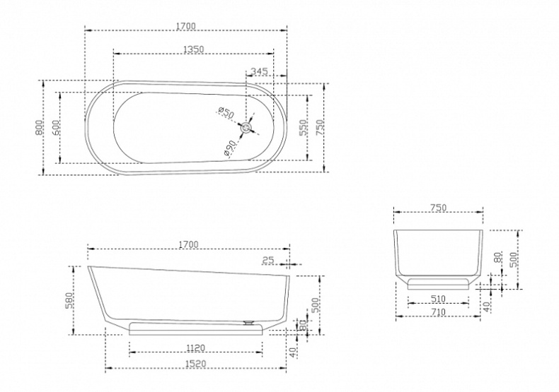 Ванна из полиэфирной смолы Abber Kristall 170х80 коричневая AT9706Opal - 4