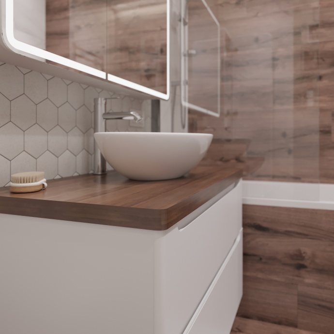 Мебель для ванной STWORKI Берген 100 белая с темной столешницей, раковина Moduo 55 Leaf 549593 - 3