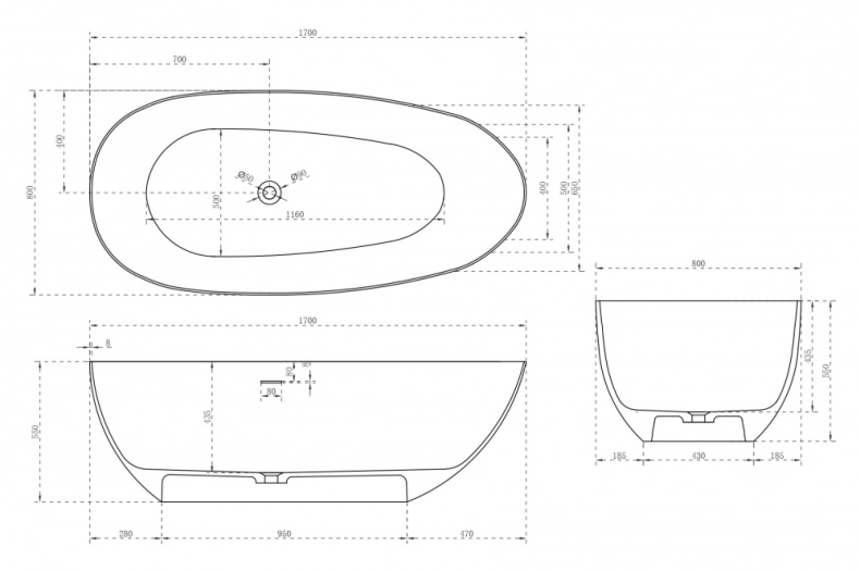 Ванна из искусственного камня ABBER Stein AS9611-1.7 белая матовая - 6