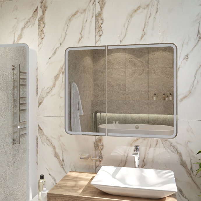 Зеркало-шкаф STWORKI Ольборг МВК080 100, с подсветкой, навесное, белое, большое, в стиле лофт, с розеткой - 7