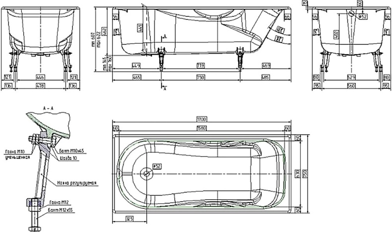 Чугунная ванна Универсал Сибирячка 170x75 см, пристенная, на ножках 4607152360264  - 4