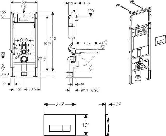 Комплект Система инсталляции для унитазов Geberit Duofix Платтенбау 458.125.21.1 4 в 1 с кнопкой смыва + Чаша для унитаза подвесного Jacob Delafon - 4