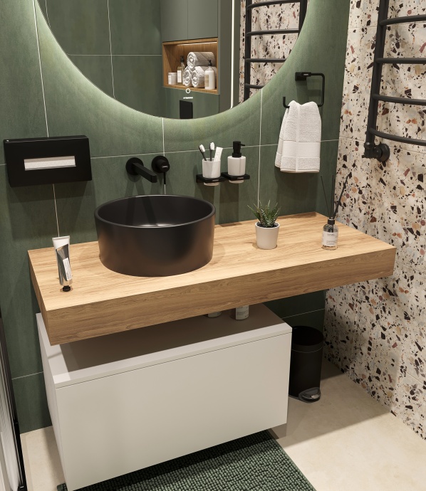 Столешница STWORKI Ольборг 120 дуб французский, без отверстий, с тумбой 80, с раковиной BOCCHI Vessel черной 483370 - 3