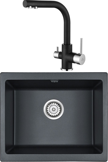Комплект Мойка кухонная Paulmark Gera PM205546-BLM черный металлик + Смеситель Paulmark Essen Es213011-418 для кухонной мойки, черный металлик - 0