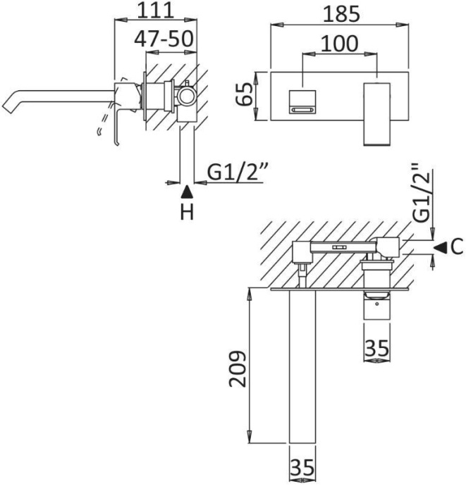 Смеситель Cezares Porta BLI 01 W0 С ВНУТРЕННЕЙ ЧАСТЬЮ, для раковины PORTA-BLI-01-W0 - 1