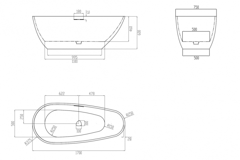 Ванна из искусственного камня ABBER Dortmund AM9911BW черно-белая матовая - 3