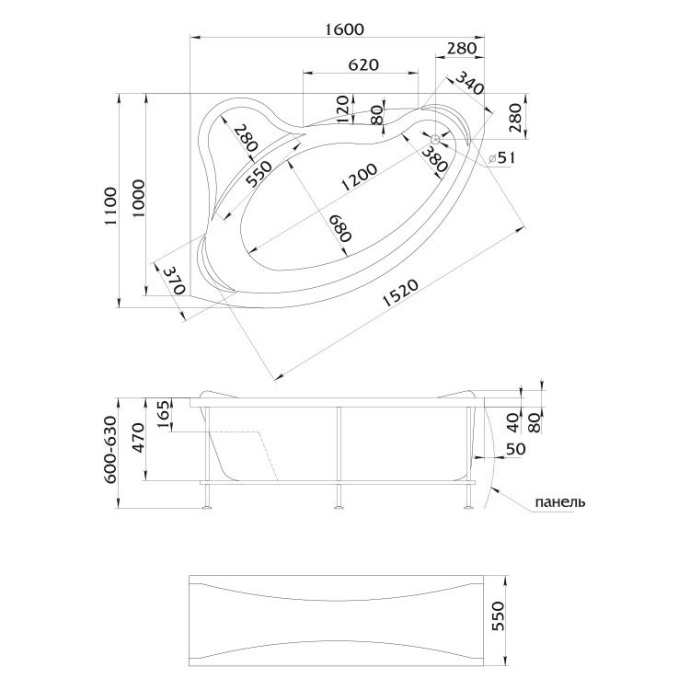 Акриловая ванна 1MarKa Catania R 160x110 4604613000875 - 1