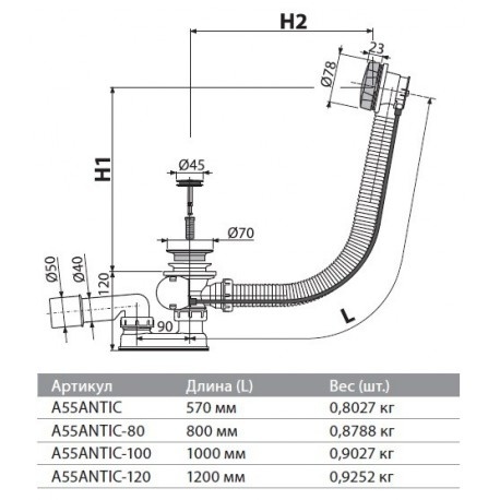 Сифон для ванны А55 ANTIC 570мм A55ANTIC-100 - 1