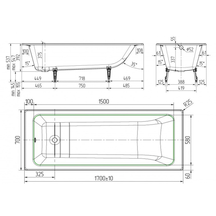 Ванна чугунная Универсал 170х70 в/к ножки 1шт Selena 023-4639 - 2