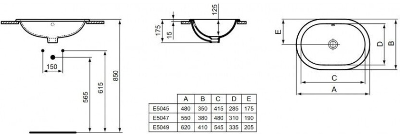 E504901 Connect Умывальник овальный  встраиваемый 62 см, без отверстия под смеситель. - 1