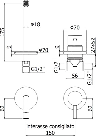 Смеситель Paffoni Light LIG006ST70 с ВНУТРЕННЕЙ ЧАСТЬЮ, для раковины, сталь - 1