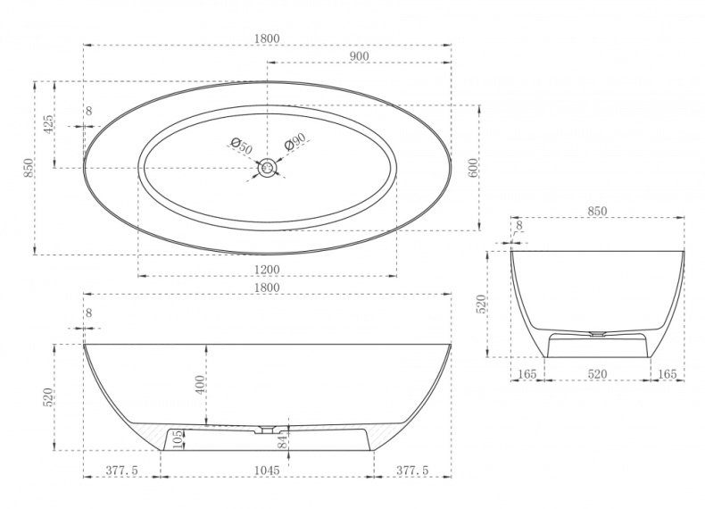 Ванна из искусственного камня Abber Stein 180х85 белый матовый AS9625-1.8 - 6