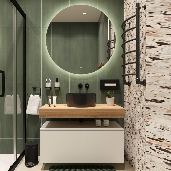 Столешница STWORKI Ольборг 100 дуб французский, без отверстий,  2 тумбы 50, с раковиной BOCCHI Vessel черной 487243 - 1