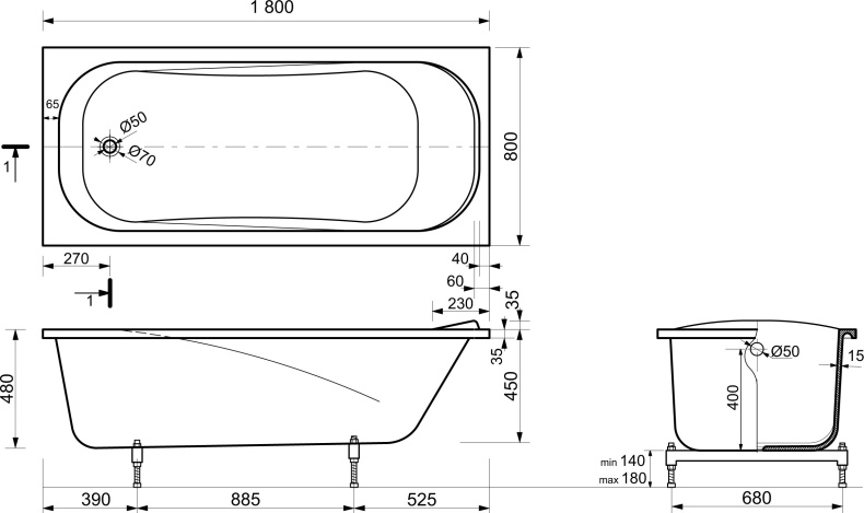 Ванна из литьевого мрамора Эстет Альфа, 180 х 80 см, ФР-00001311 - 5