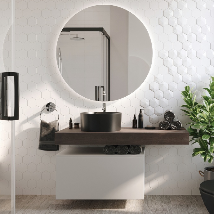 Мебель для ванной STWORKI Ольборг 120 столешница дуб карпентер, без отверстий, с тумбой 80, с раковиной BOCCHI Vessel черной 481991 - 0