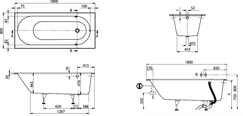 Квариловая ванна Villeroy & Boch Oberon 180х80 белая без гидромассажа UBQ180OBE2V-01 - 12