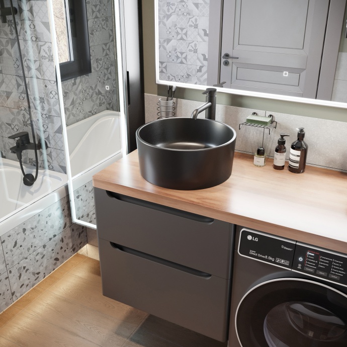 Мебель для ванной STWORKI Берген 60 серая с темной столешницей 122, раковина BOCCHI Vessel черная, R 549765 - 3