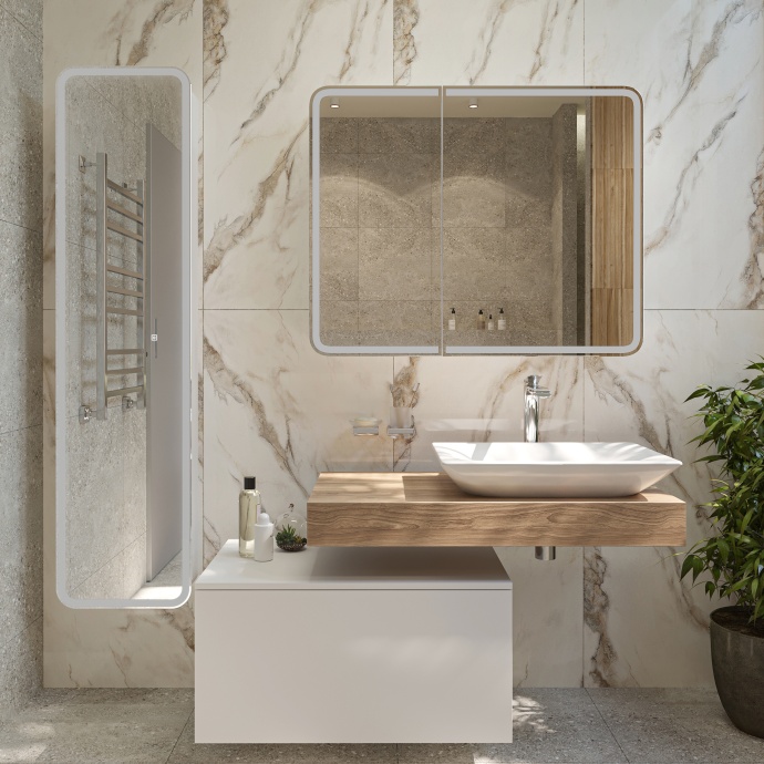 Зеркало-шкаф STWORKI Ольборг МВК080 100, с подсветкой, навесное, белое, большое, в стиле лофт, с розеткой - 2