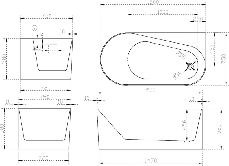 Акриловая ванна ABBER 150х75 белый  AB9496-1.5 R - 3