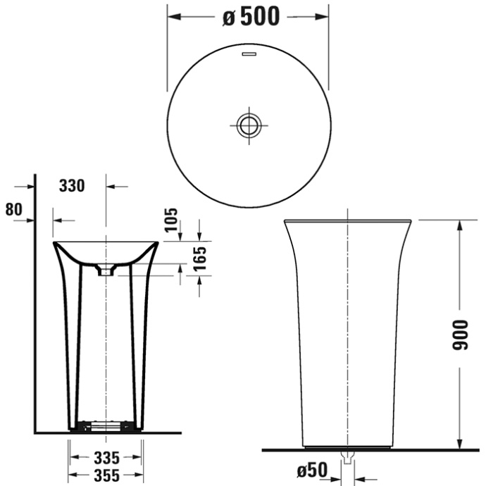DURAVIT (White Tulip) Раковина, объединенная с пьедесталом, Ø 500 мм, без отверстия под смеситель, отдельностоящая, с сифоном, белая 2703500070 - 2