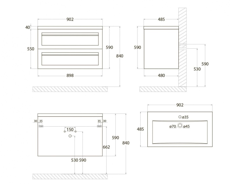 PLATINO База под раковину подвесная с двумя выкатными ящиками, Бирюзовый матовый AM-Platino-900-2C-SO-TM - 3