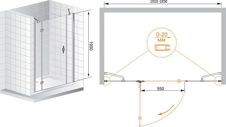 Душевая дверь Cezares Bergamo 185 хром стекло прозрачное BERGAMO-W-B-13-100+60/30-C-Cr-L - 5
