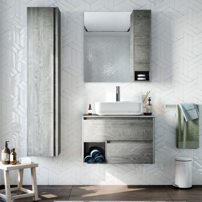 Мебель для ванной STWORKI Карлстад 75 дуб рошелье, роверелла, в стиле лофт, под дерево, подвесная, серая 427881 - 0