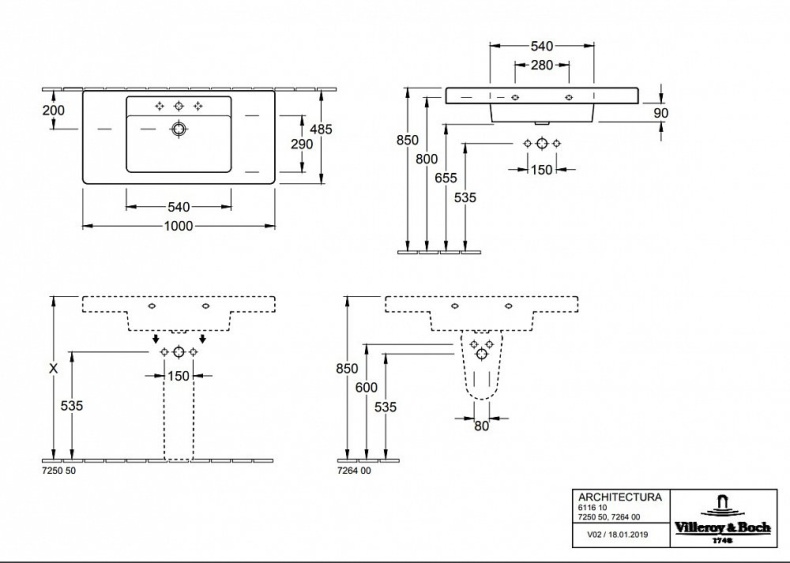 Мебельная раковина Villeroy & Boch Architectura 100х48.5 белый  61161001 - 1
