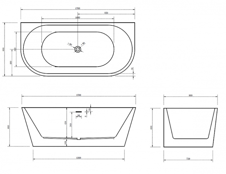 Акриловая ванна ABBER 170х80 матовый черный  AB9216-1.7MB - 4