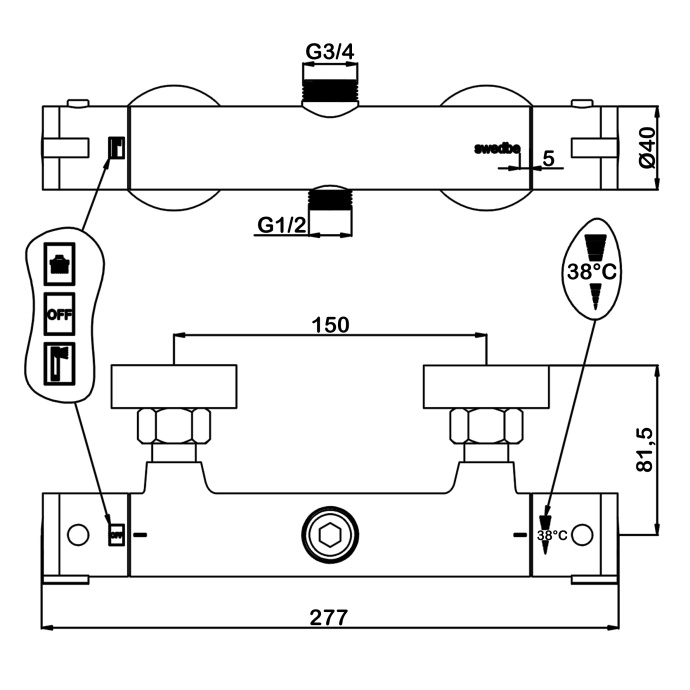 Смеситель для душа Swedbe Hermes черный матовый  9022B - 1