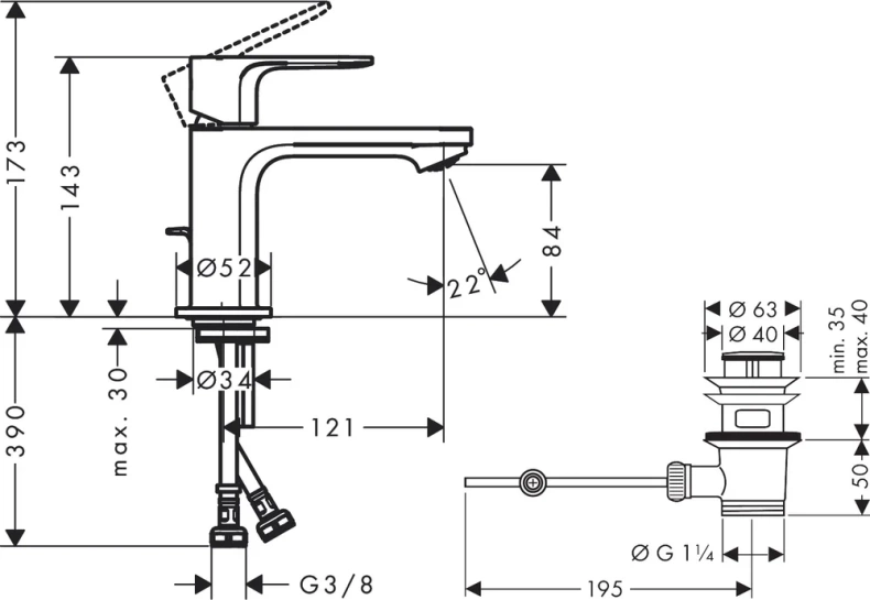 Смеситель для раковины Hansgrohe Rebris S с донным клапаном черный матовый 72513670 - 1