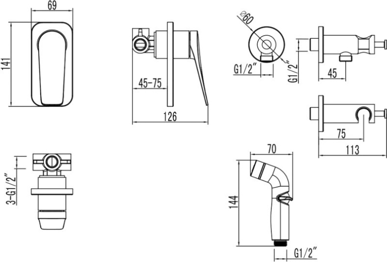 Смеситель Lemark Bronx LM3719GM с гигиеническим душем, встраиваемый, графит - 5