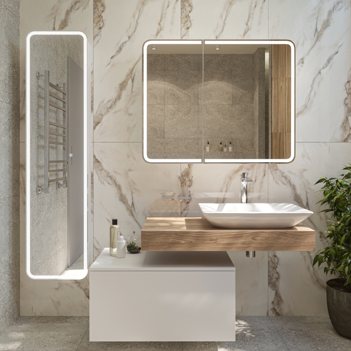 Зеркало-шкаф STWORKI Ольборг МВК080 100, с подсветкой, навесное, белое, большое, в стиле лофт, с розеткой - 1